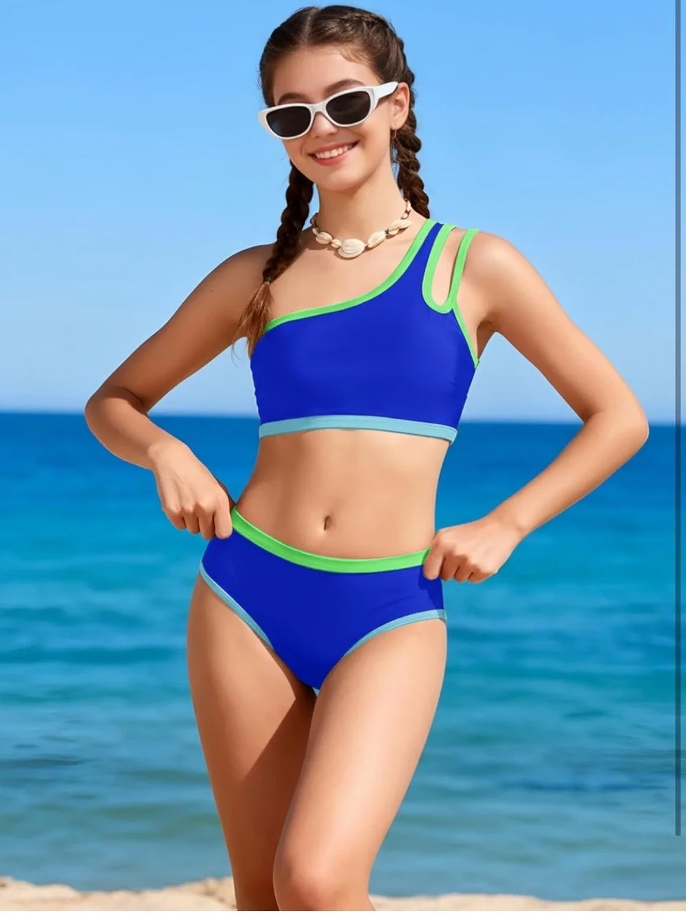Two Piece One Shoulder Bathing Suit with Chest Pad (13-14Y) 1264/10-1